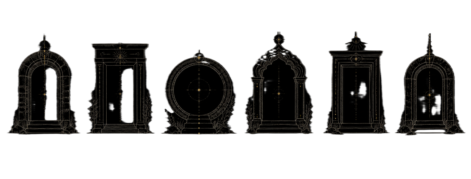 Six hand-drawn sacred doorways